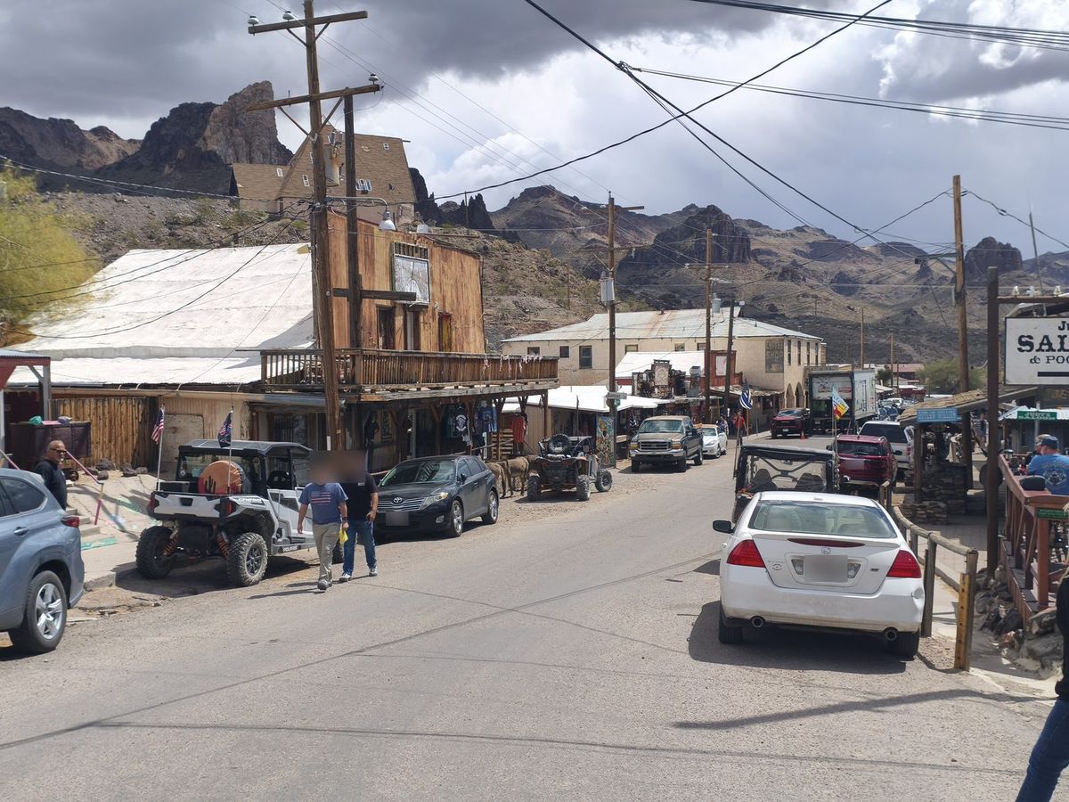 Ânes entre les voitures de la rue principale d'Oatman, avec les Black Mountains en arrière-plan